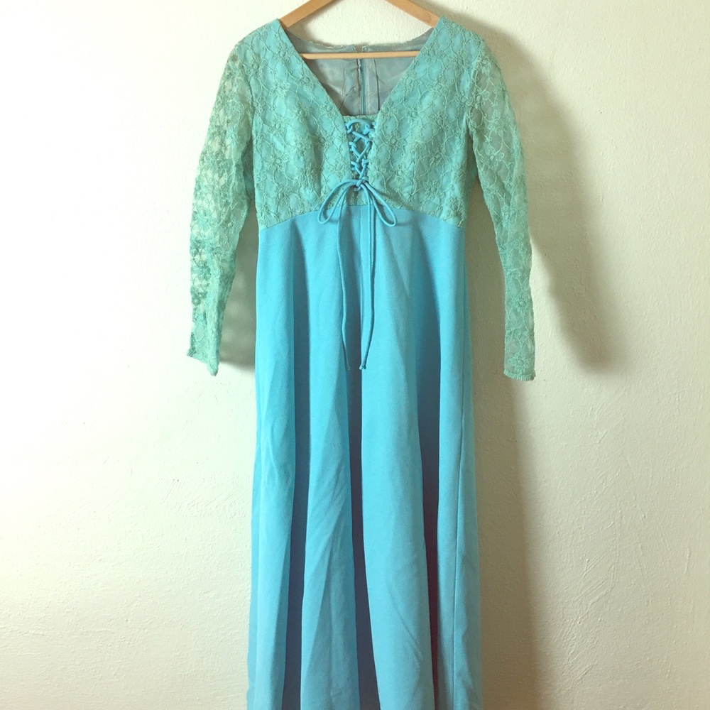 3 for $30-Vtg 60s Baby Blue Embroidered Maxi Dress